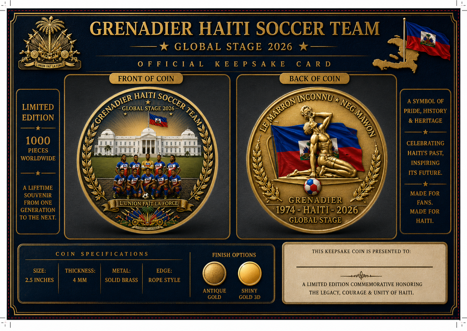 Official keepsake card with coin specifications